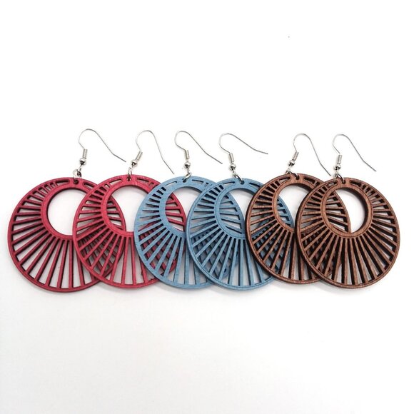 3 pairs Cut Wood Bohemian Earrings Hollow Dangle Boho Carved Hippie Trendy Round - Picture 1 of 2